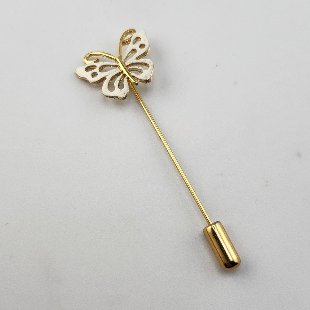 Gold Tone Butterfly Stick‎ Pin Brooch with White Enamel